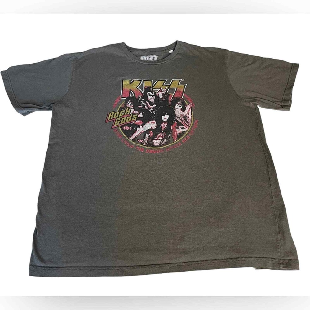 Kiss Rock Gods Band Distressed T-Shirt - Size XXL - Gray, Red & Yellow
